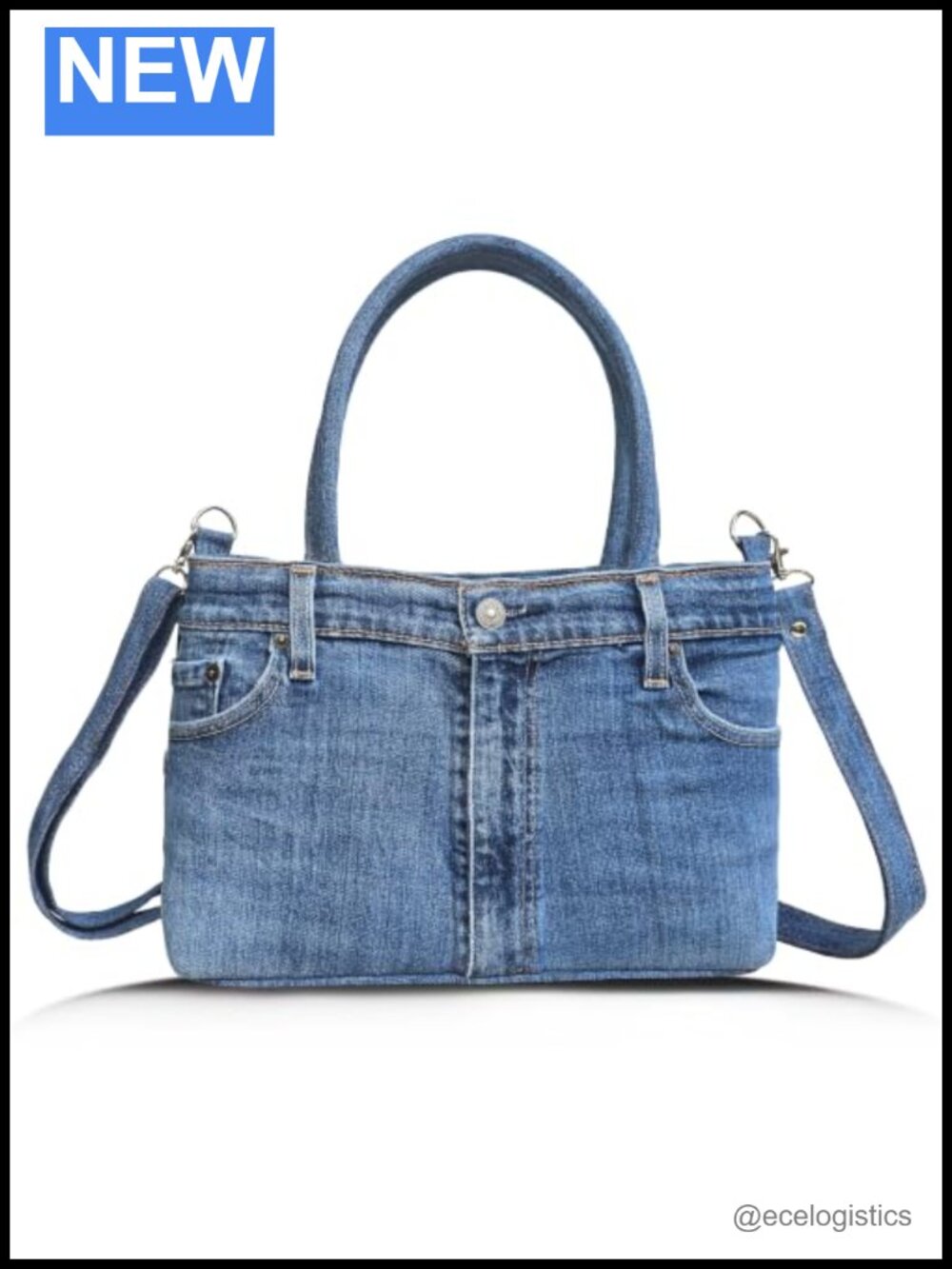 Upcycled Denim Satchel Handbag 3 Compartment Purse Top Handle Shoulder Strap